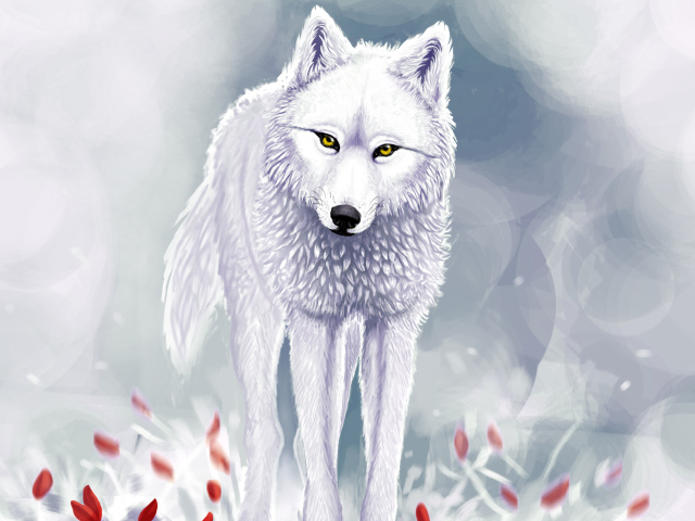 Белый волк и красные цветы