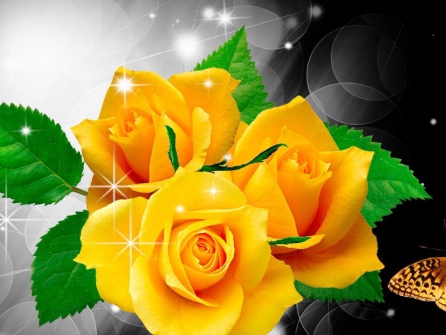 Жёлтые розы и бабочка