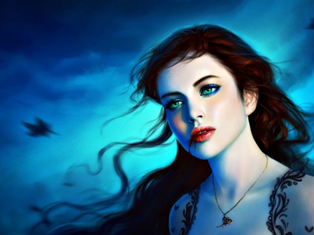 На фоне неба девушка вампир