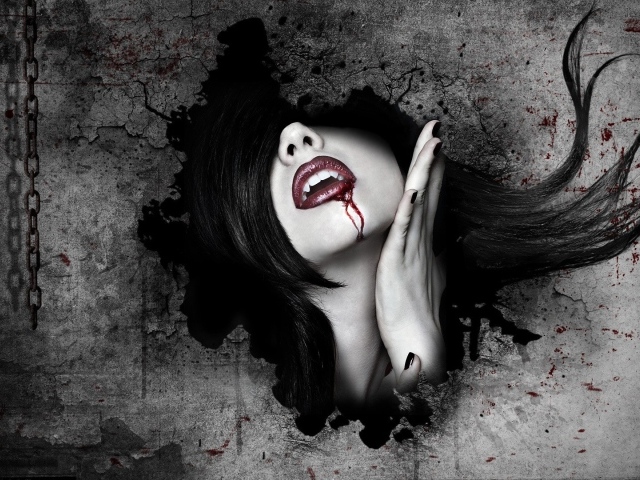 Кровь на губах у девушки вампира