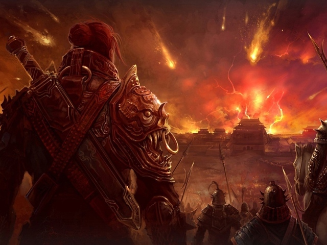 Воины смотрят на горящий город