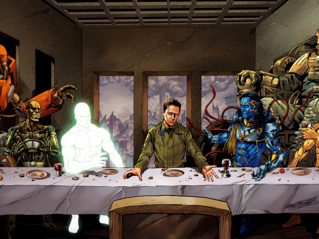 Человек обедает с роботами