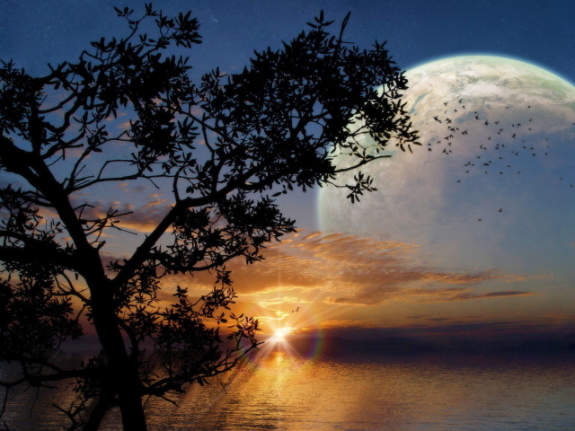 Фантастический закат с луной