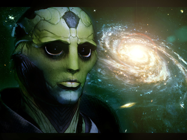 Инопланетянин на фоне галактики