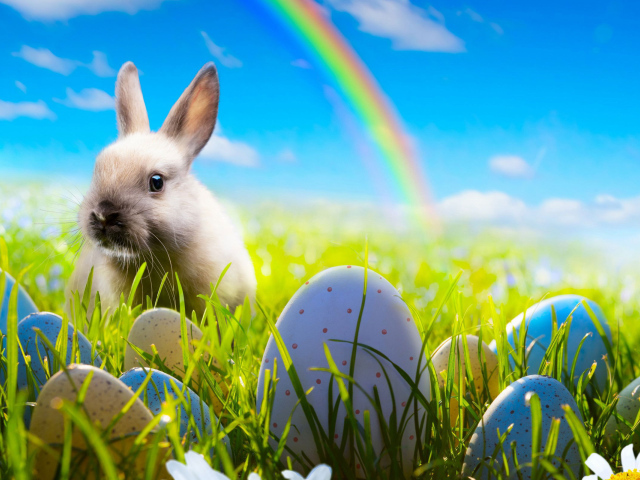 Кролик на фоне радуги на Пасху