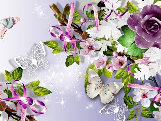 Фиолетовая роза и бабочки, картинка на восьмое марта