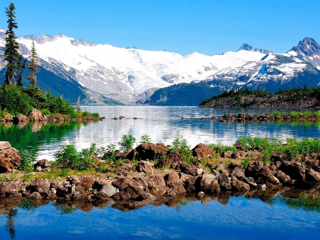 Озеро у заснеженных гор