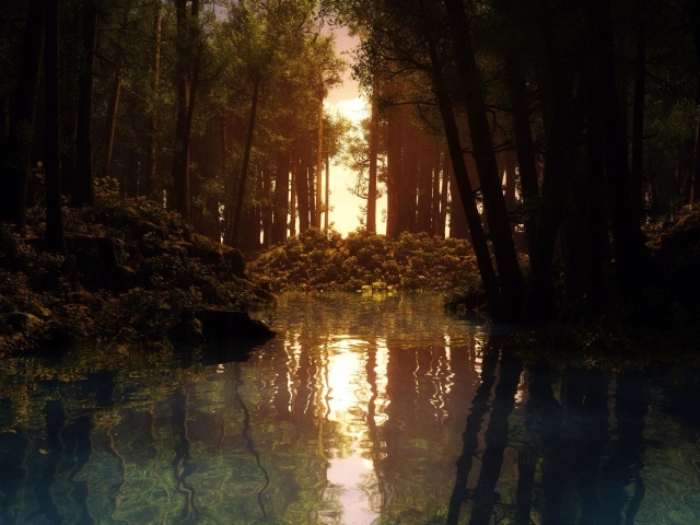 Весенняя река в лесу на закате