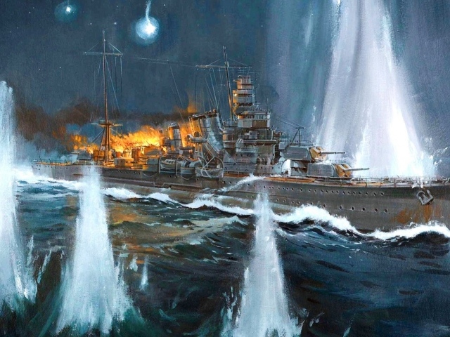 Горящий корабль в фонтанах