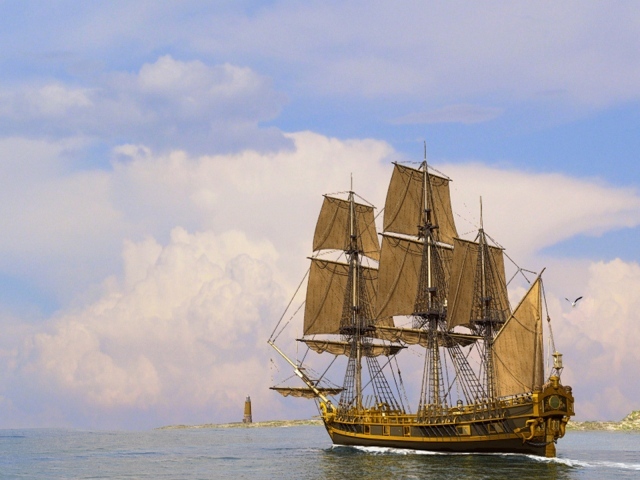 Парусный корабль у маяка