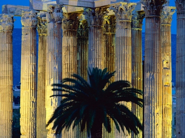 Пальма на фоне колонн в Афинах