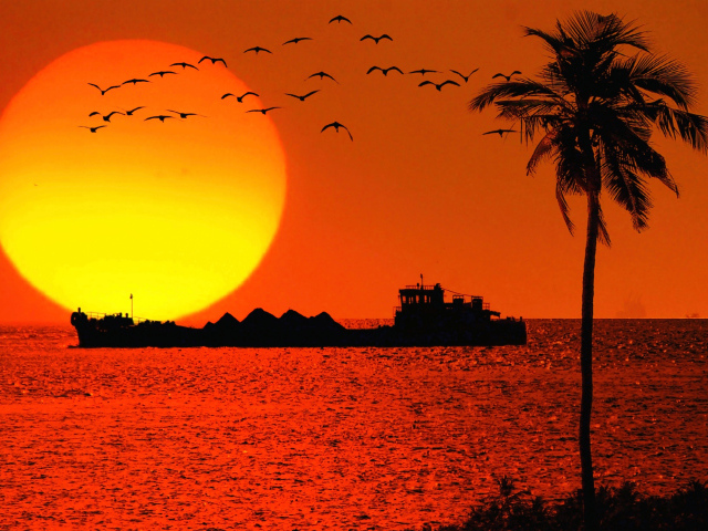 Судно на фоне заката в Гоа