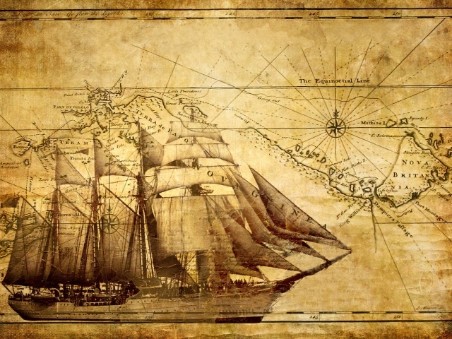 Старинный корабль и карта мореплавателя
