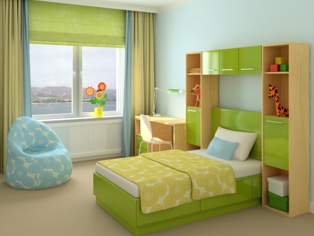 Зеленая кровать в детской комнате