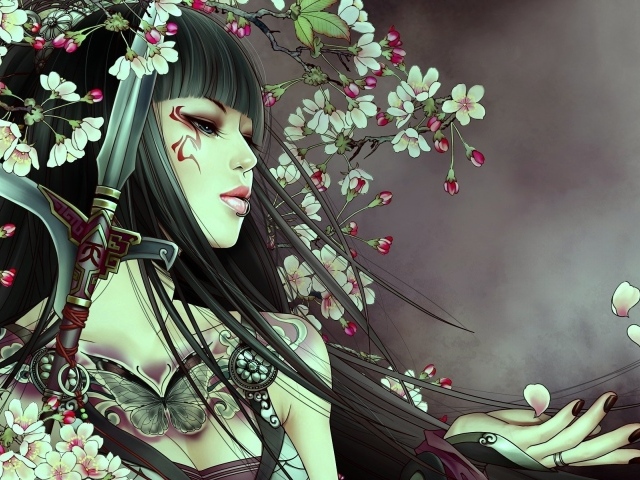 Девушка самурай с татуировкой