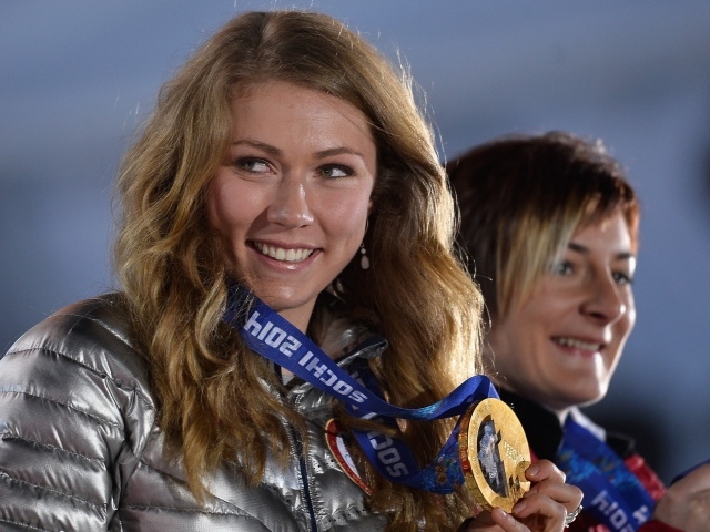 Обладательница золотой медали в дисциплине горные лыжи Микаэла Шиффрин на олимпиаде в Сочи