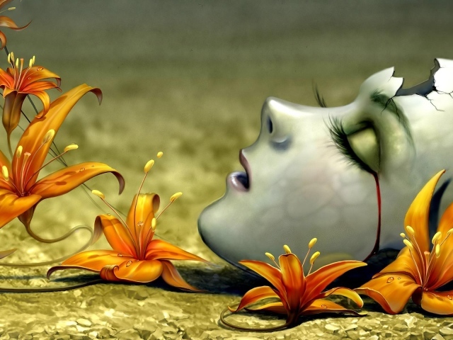 Лицо девушки среди цветов, 3Д графика