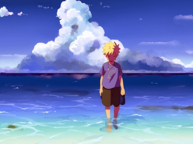 Мальчик стоит в воде у берега, аниме Наруто