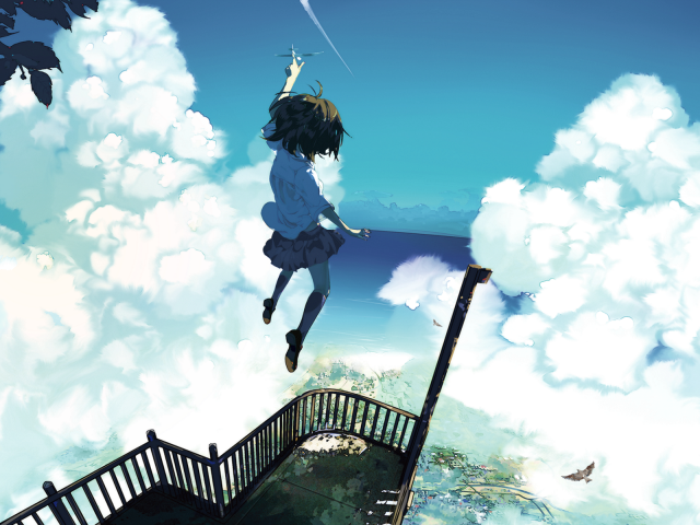 Девушка аниме парит в облаках