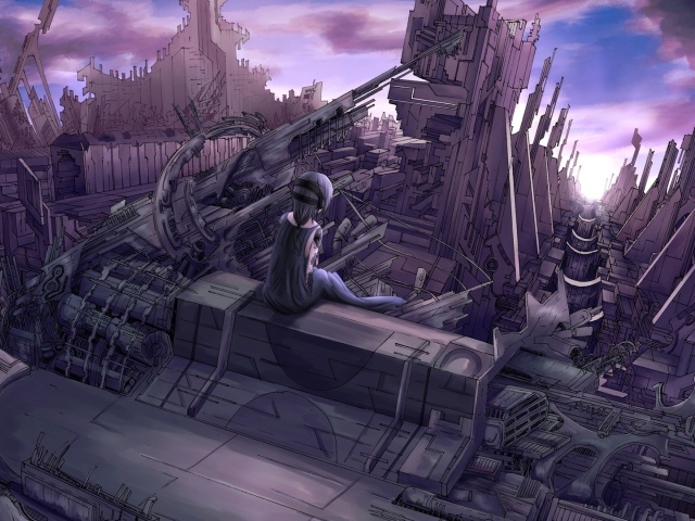 Девушка аниме смотрит на руины города