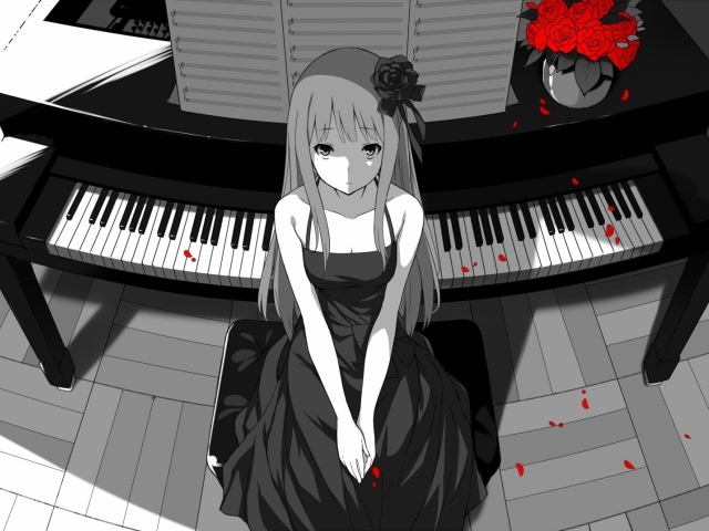 Аниме девушка сидит у пианино