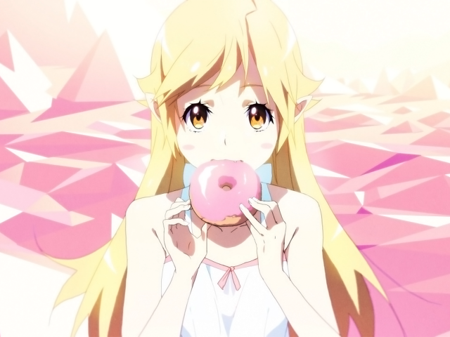Светловолосая девушка аниме ест розовый пончик