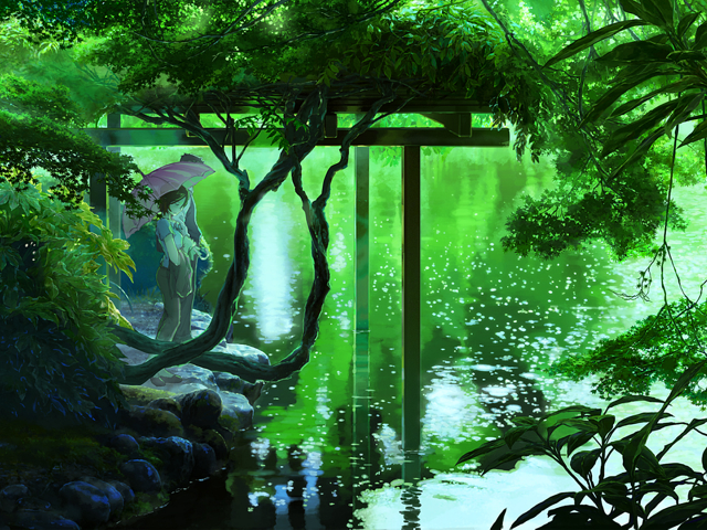 Пара под зонтом на берегу озера