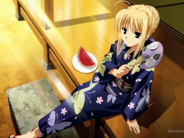 Девушка кушает арбуз в аниме Fate Series
