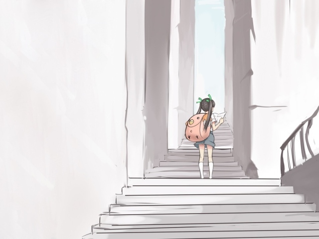 Девушка идет по лестнице аниме