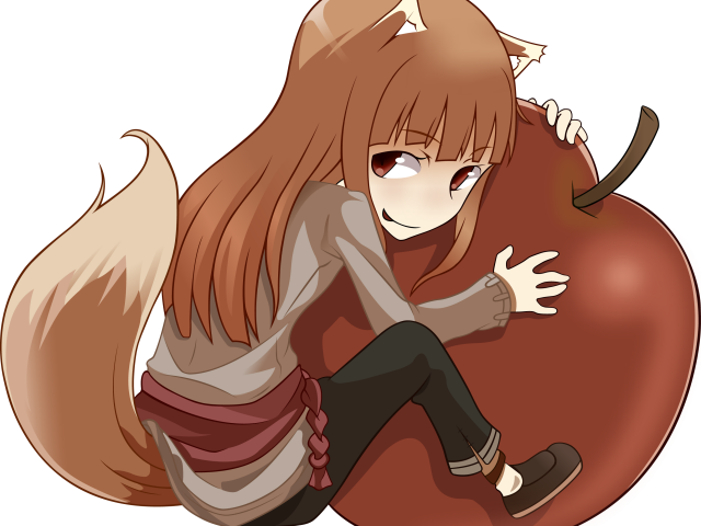 Девушка обнимает яблоко в аниме Волчица и пряности