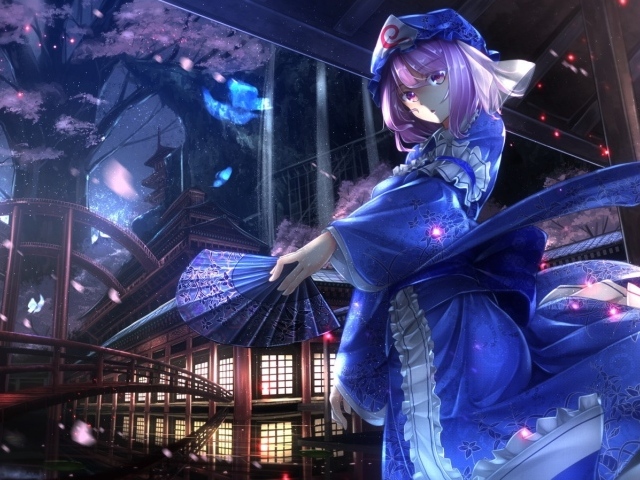 Девушка в голубом платье аниме Saigyouji Yuyuko