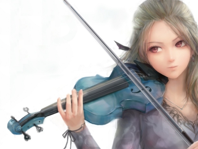 Девушка играет на голубой скрипке, рисунок