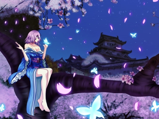 Девушка сидит на дереве в аниме Saigyouji Yuyuko