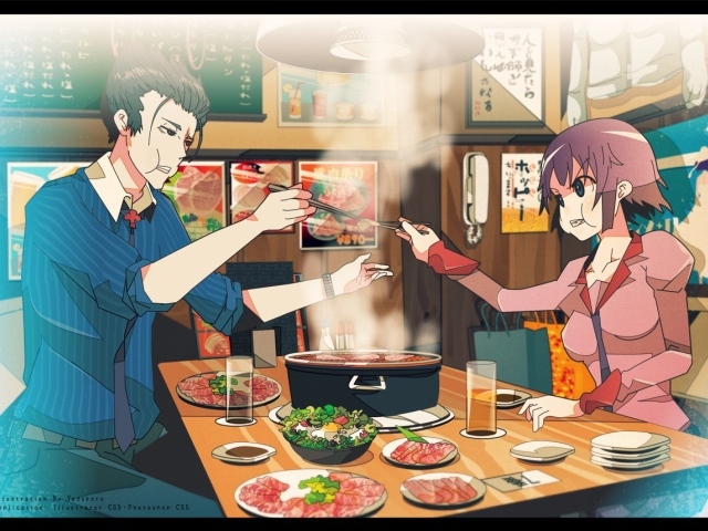 Парень и девушка за столом в аниме Monogatari Series