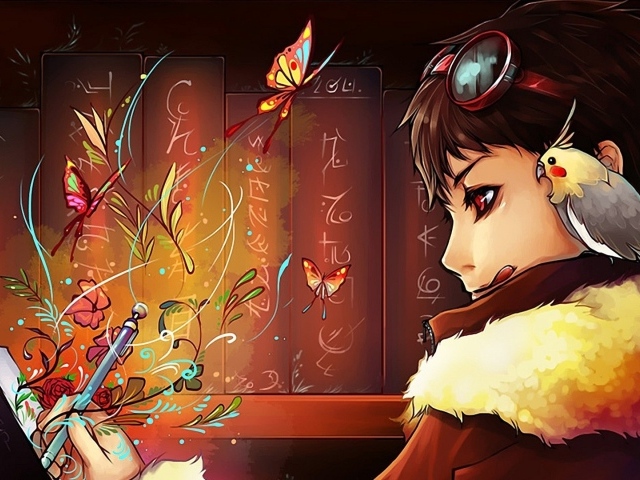 Попугай на плече аниме девушки