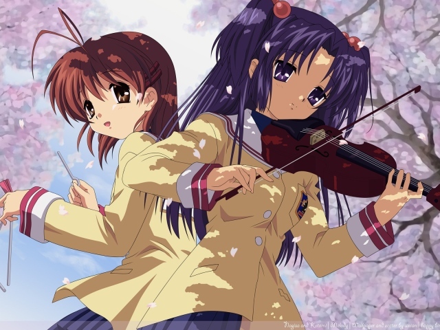 Дуэт играет на музыкальных инструментах, аниме Кланнад