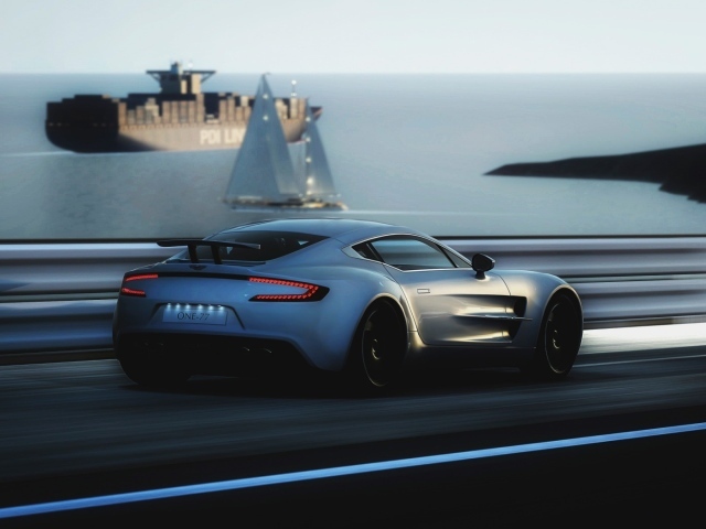 Автомобиль Aston Martin на фоне военного корабля
