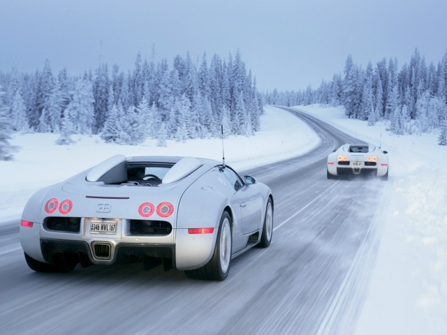 Белый Bugatti Veyron 16.4 Grand Sport на зимней дороге