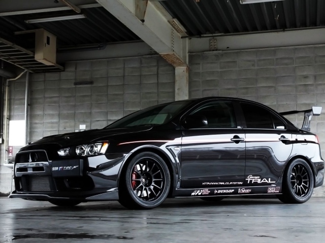 Черный Mitsubishi Lancer Evo X в гараже
