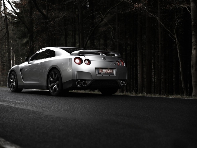 Серебристый Nissan GT-R на фоне темного леса