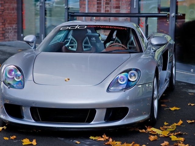 Осенние листья у автомобиля Porsche Carrera GT