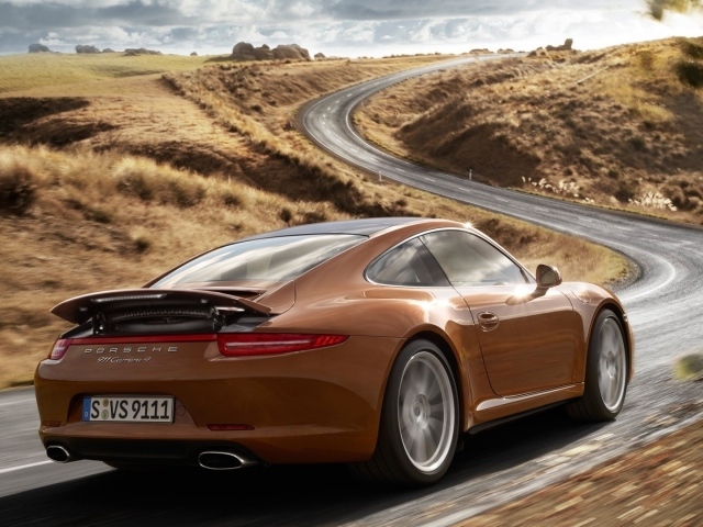 Коричневый Порше на шоссе за городом