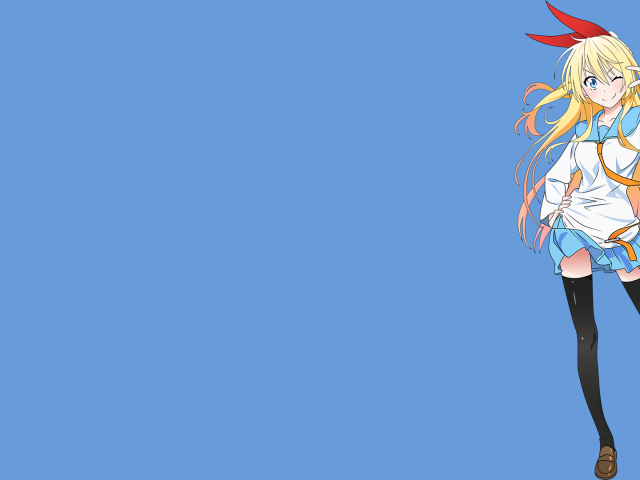 Аниме девушка подмигивает, голубой фон