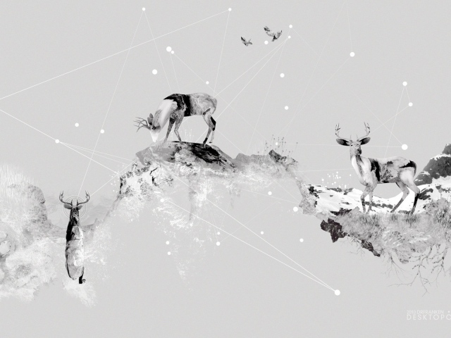 Олени в горах, серый фон