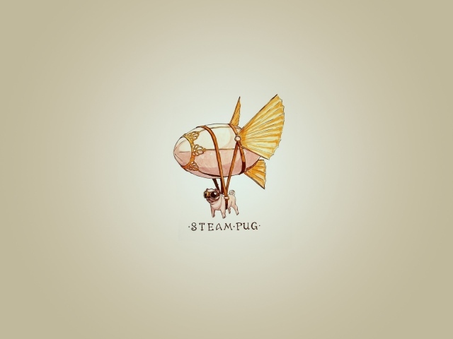 Мопс на дирижабле, серый фон