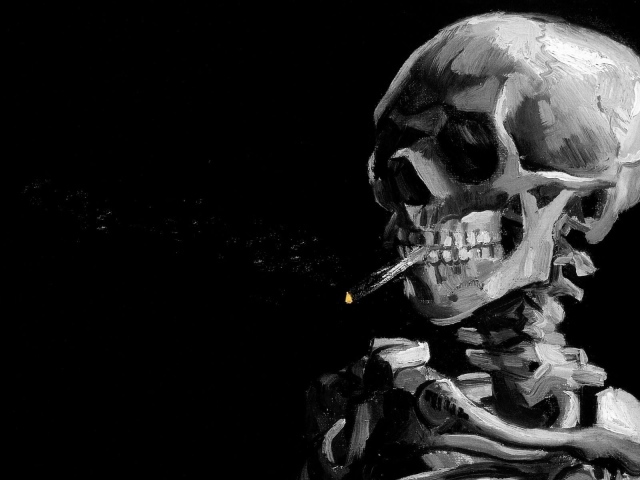 Скелет курильщика на черном фоне