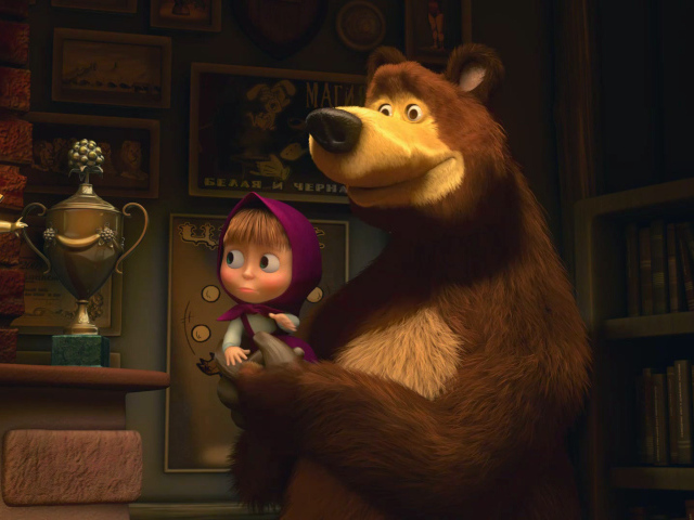 Медведь показывает Маше свои награды, мультфильм Маша и медведь