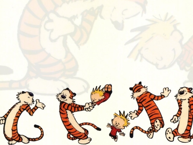 Мальчик играет с тигром в комиксе Кельвин и Хоббс