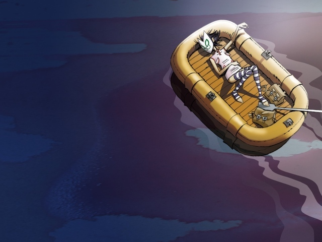 Человек в маске спит в надувной лодке, мультфильм