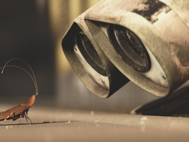 Робот смотрит на таракана, мультфильм